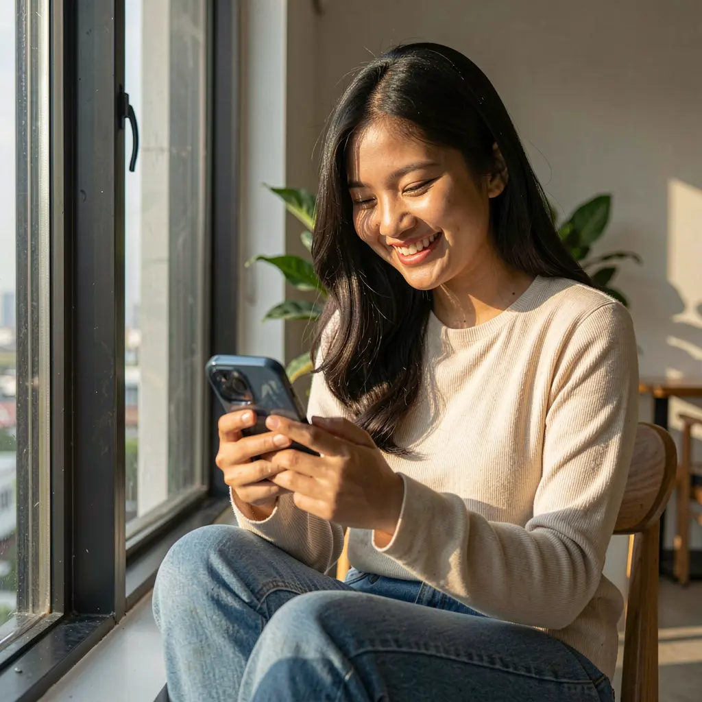 Happy Filipino woman using the 988T app on her smartphone while relaxing by a sunny window in a modern casual setting