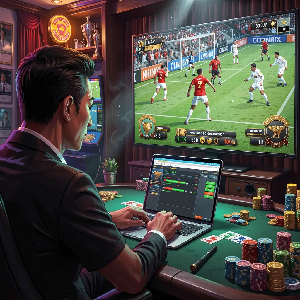 988T Bet – Analyze matches and place smart bets with confidence in the Philippines Focused Filipino sports bettor analyzing live match statistics on a laptop while watching a soccer game on TV using the 988T betting platform
