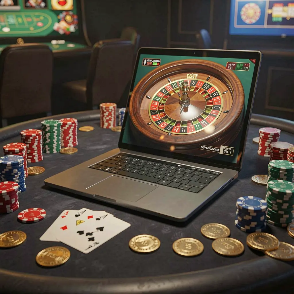 Luxury online roulette gameplay on a laptop with stacked casino chips and playing cards highlighting the immersive casino atmosphere of 988T for Philippine players