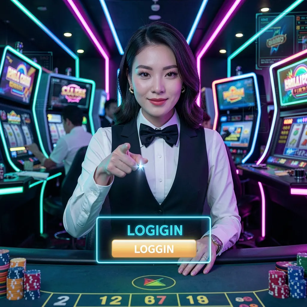 Elegant Filipino live dealer pointing at a virtual login button with glowing casino lights behind her representing trusted access on 988T
